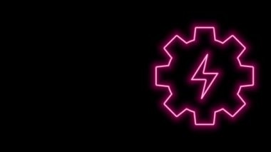 Parlayan neon hattı Gear ve şimşek simgesi siyah arkaplanda izole edildi. Elektrik gücü. Şimşek işareti. 4K Video hareketli grafik canlandırması