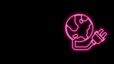 Parlayan neon hattı, siyah arka planda ikon izole edilmiş Küresel Enerji gezegeni. Ekoloji konsepti ve çevre. 4K Video hareketli grafik canlandırması