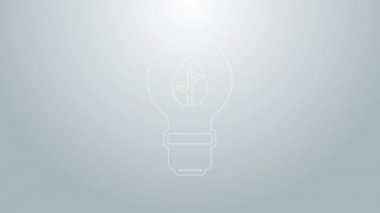 Gri arkaplanda yaprak simgesi olan mavi çizgi lambası. Çevre enerjisi kavramı. Alternatif enerji kavramı. 4K Video hareketli grafik canlandırması