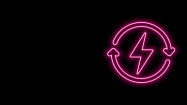 Parlayan neon hattı siyah arkaplanda izole edilmiş ikon şarj ediliyor. Elektrik enerjisi işareti. 4K Video hareketli grafik canlandırması