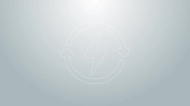 Mavi çizgi şarj simgesi gri arkaplanda izole edildi. Elektrik enerjisi işareti. 4K Video hareketli grafik canlandırması