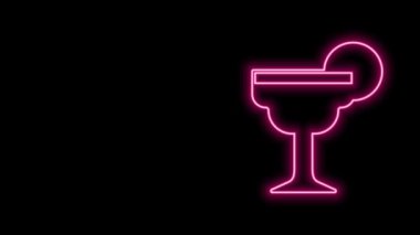 Siyah arka planda izole edilmiş limon ikonu olan parlak neon çizgili Margarita kokteyli. 4K Video hareketli grafik canlandırması