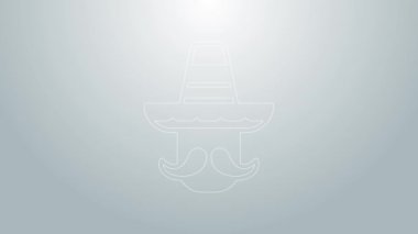 Mavi çizgili Meksikalı adam gri arka planda izole edilmiş sombrero ikonu giyiyor. Bıyıklı İspanyol adam. 4K Video hareketli grafik canlandırması