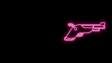 Siyah zemin üzerinde parlayan neon çizgisi Vintage tabanca simgesi izole edildi. Eski bir silah. 4K Video hareketli grafik canlandırması