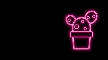Parlayan neon hattı Kaktüs ve siyah arkaplanda izole edilmiş tencere simgesinde sulu. Tencerede yetişen bir bitki. Saksı bitkisi işareti. 4K Video hareketli grafik canlandırması