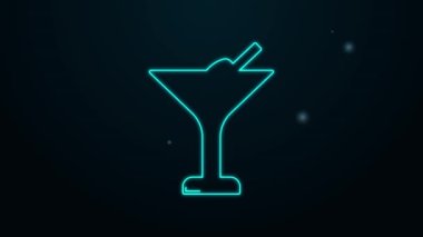 Parlayan neon hattı Martini cam ikonu siyah arka planda izole edildi. Kokteyl ikonu. Şarap kadehi ikonu. 4K Video hareketli grafik canlandırması