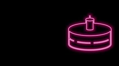 Siyah arkaplanda izole edilmiş yanan mum simgesiyle parlayan neon çizgi pastası. Doğum günün kutlu olsun. 4K Video hareketli grafik canlandırması