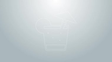 Mavi çizgi kokteyl ve alkollü içecek. Gri arka planda şemsiye simgesi var. 4K Video hareketli grafik canlandırması