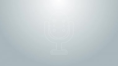 Mavi çizgi mikrofon simgesi gri arkaplanda izole edildi. Radyodaki mikrofondan. Sözcü işareti. 4K Video hareketli grafik canlandırması