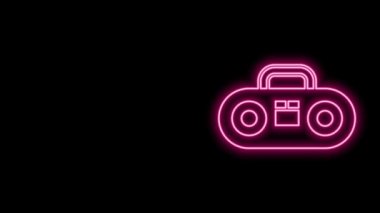 Siyah zemin üzerinde iki hoparlör simgesi olan parıldayan neon hattı ev teybi. Müzik sistemi. 4K Video hareketli grafik canlandırması