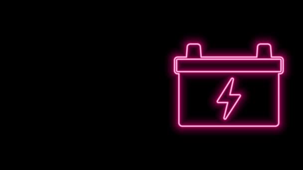Linea neon luminosa Icona batteria auto isolata su sfondo nero. Accumulatore di energia della batteria e batteria accumulatore di elettricità. Animazione grafica 4K Video motion — Video Stock