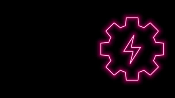 Gloeiende neon lijn Gear en bliksem pictogram geïsoleerd op zwarte achtergrond. Elektriciteit. Bliksemschicht. 4K Video motion grafische animatie — Stockvideo