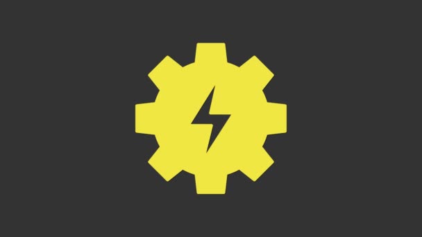 Gelbe Zahnräder und Blitz-Symbol isoliert auf grauem Hintergrund. Strom. Blitzlichtgewitter. 4K Video Motion Grafik Animation — Stockvideo