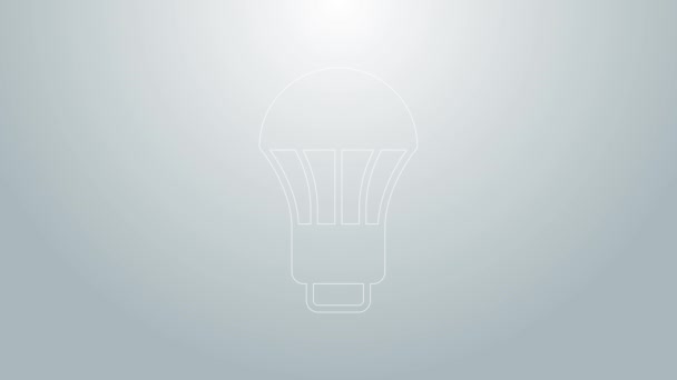 グレーの背景に分離されたブルーラインLED電球アイコン。経済的なLED照明電球。エネルギーランプを節約。4Kビデオモーショングラフィックアニメーション — ストック動画