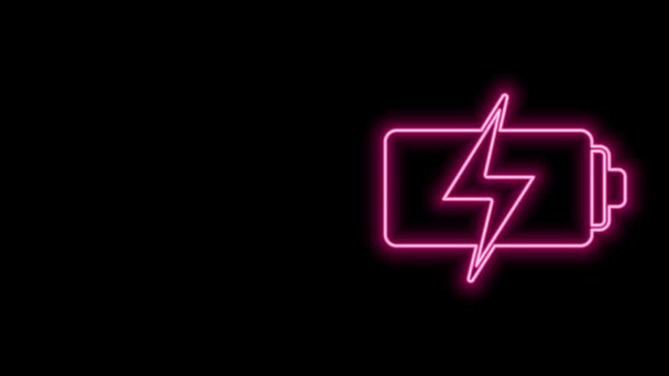 Glowing neon line Battery icon isolated on black background. Lightning bolt symbol. 4K Video motion graphic animation — Stock Video