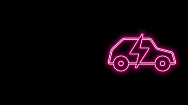 Glowing neon line Electric car and electrical cable plug charging icon isolated on black background. Renewable eco technologies. 4K Video motion graphic animation — Stock Video