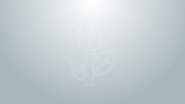 Blaue Linie Elektrischer Sparstecker im Blatt-Symbol isoliert auf grauem Hintergrund. Energiesparen. Umweltschutz. Bioenergie. 4K Video Motion Grafik Animation — Stockvideo