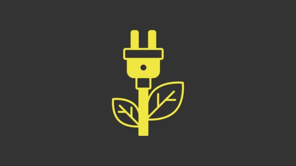 Gelber Stromsparstecker im Blatt-Symbol isoliert auf grauem Hintergrund. Energiesparen. Umweltschutz. Bioenergie. 4K Video Motion Grafik Animation — Stockvideo