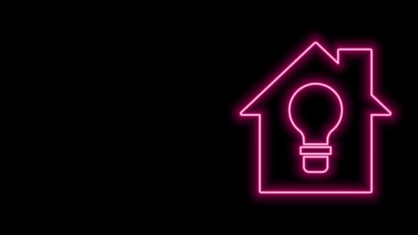 Glowing neon line Smart house and light bulb icon isolated on black background. 4K Video motion graphic animation — Stock Video