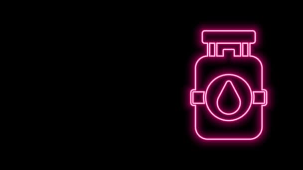 Gloeiende neon lijn Propaan gas tank pictogram geïsoleerd op zwarte achtergrond. Ontvlambaar gas tank icoon. 4K Video motion grafische animatie — Stockvideo