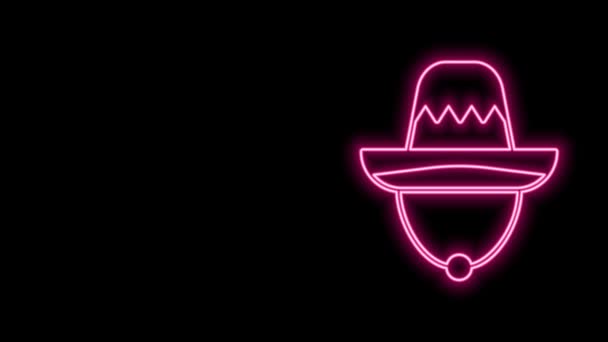 Gloeiende neon lijn Traditionele Mexicaanse sombrero hoed pictogram geïsoleerd op zwarte achtergrond. 4K Video motion grafische animatie — Stockvideo