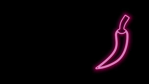 Gloeiende neon lijn Hot chili peper pod pictogram geïsoleerd op zwarte achtergrond. Ontwerp voor kruidenierswaren, culinaire producten, kruiden en specerijen pakket, kookboek. 4K Video motion grafische animatie — Stockvideo