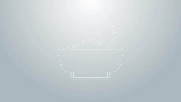 Blaue Linie Nachos in Schüssel Symbol isoliert auf grauem Hintergrund. Tortilla Chips oder Nachos Tortillas. Traditionelles mexikanisches Fast Food Menü. 4K Video Motion Grafik Animation — Stockvideo