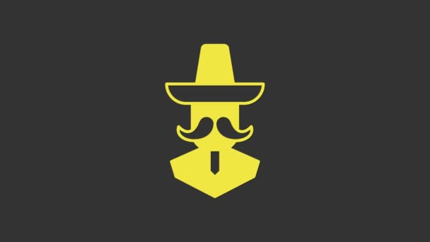 Hombre mexicano amarillo con sombrero aislado sobre fondo gris. Hombre hispano con bigote. Animación gráfica de vídeo 4K — Vídeo de stock