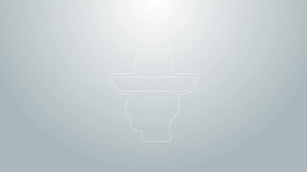 Blue line Mexican man wearing sombrero icon isolated on grey background. Hispanic man with a mustache. 4K Video motion graphic animation — Stock Video