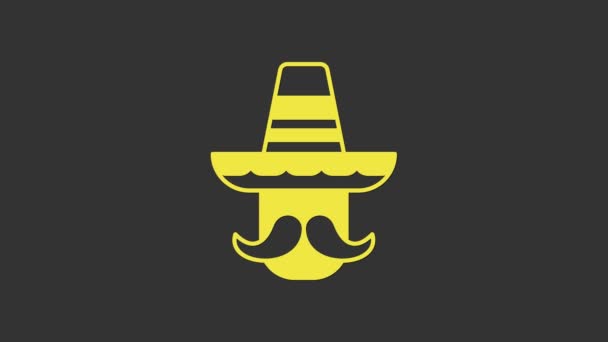 Yellow Mexican man wearing sombrero icon isolated on grey background. Hispanic man with a mustache. 4K Video motion graphic animation — Stock Video