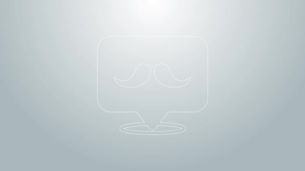 Blå linje Mustache ikonen isolerad på grå bakgrund. Frisörsalong. Ansiktshår. 4K Video motion grafisk animation — Stockvideo