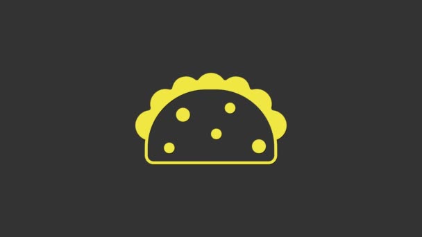 Taco amarillo con icono de tortilla aislado sobre fondo gris. Menú tradicional mexicano de comida rápida. Animación gráfica de vídeo 4K — Vídeos de Stock