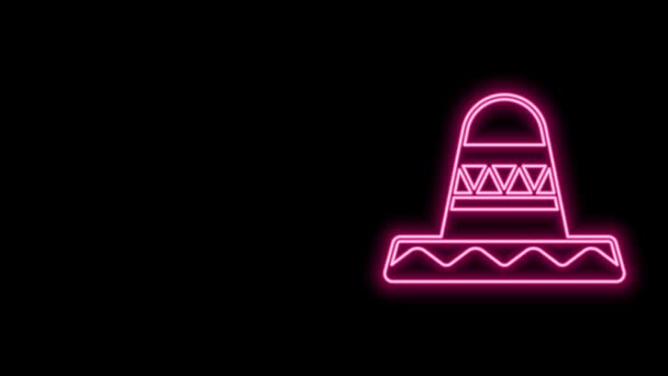 Leuchtende Neon-Linie Traditionelle mexikanische Sombrero-Hut-Symbol isoliert auf schwarzem Hintergrund. 4K Video Motion Grafik Animation — Stockvideo