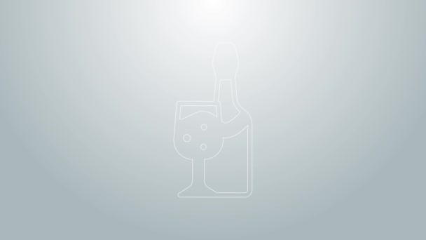 Bouteille de champagne ligne bleue avec icône en verre isolé sur fond gris. Animation graphique de mouvement vidéo 4K — Video