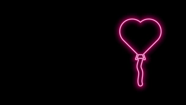 Ligne lumineuse néon Ballons en forme de coeur avec icône de ruban isolé sur fond noir. Saint Valentin. Animation graphique de mouvement vidéo 4K — Video