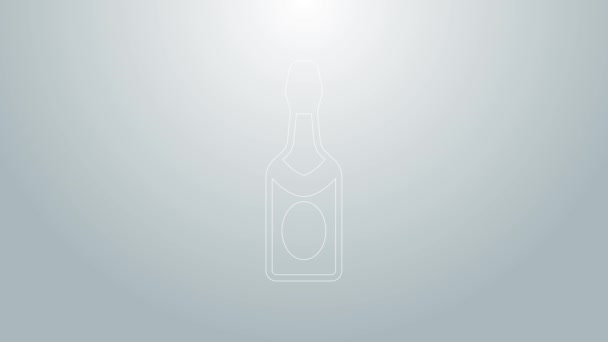 Kék vonal Champagne palack ikon elszigetelt szürke háttér. 4K Videó mozgás grafikus animáció — Stock videók