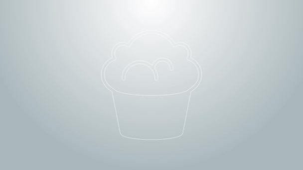 Línea azul Muffin icono aislado sobre fondo gris. Animación gráfica de vídeo 4K — Vídeo de stock