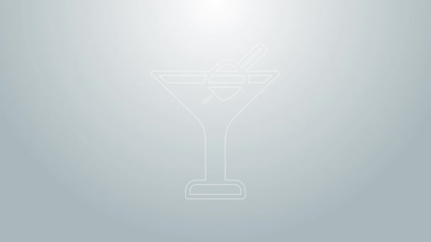 Icono de vidrio Martini de línea azul aislado sobre fondo gris. Icono de cóctel. Icono de copa de vino. Animación gráfica de vídeo 4K — Vídeos de Stock