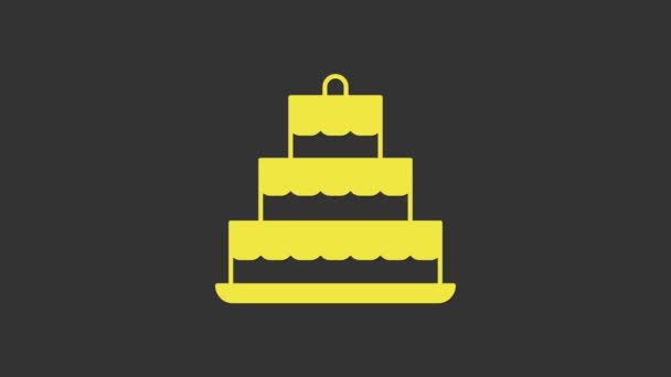 Yellow Cake with burning candles icon isolated on grey background. Happy Birthday. 4K Video motion graphic animation — Stock Video