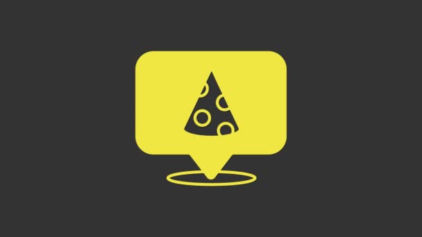 Rebanada amarilla del icono de la pizza aislada sobre fondo gris. Menú de comida rápida. Animación gráfica de vídeo 4K — Vídeo de stock