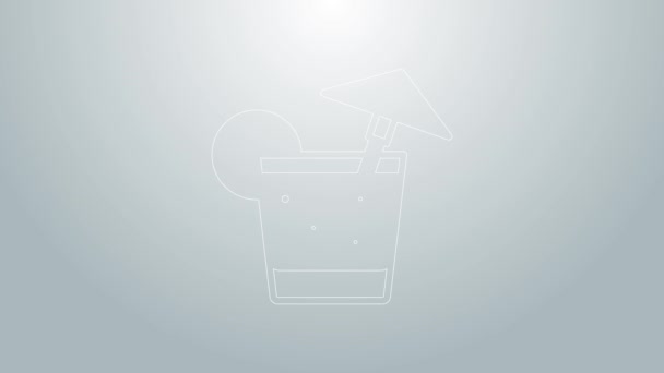 Blaue Linie Cocktail und Alkoholgetränk mit Regenschirm-Symbol auf grauem Hintergrund. 4K Video Motion Grafik Animation — Stockvideo