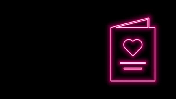 Gloeiende neon lijn Postkaart met hart pictogram geïsoleerd op zwarte achtergrond. Boodschap liefde. Brief liefde en romantiek. 4K Video motion grafische animatie — Stockvideo