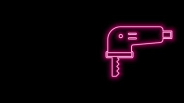 Siyah zemin üzerinde çelik keskin bıçak ikonu olan parlak neon çizgili elektrikli yapboz. Ahşap işçiliği için elektrikli alet. 4K Video hareketli grafik canlandırması