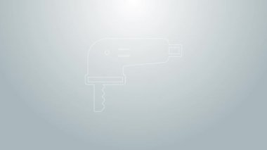 Gri zemin üzerinde çelik keskin bıçak ikonu olan mavi çizgili elektrikli yapboz. Ahşap işçiliği için elektrikli alet. 4K Video hareketli grafik canlandırması