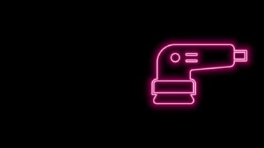 Parlayan neon hattı elektrik zımpara ikonu siyah arkaplanda izole edildi. Yörünge zımpara makinesi. Zemin ve ahşap zımpara kağıdı için. 4K Video hareketli grafik canlandırması