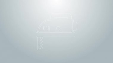 Gri zemin üzerinde çelik keskin bıçak ikonu olan mavi çizgili elektrikli yapboz. Ahşap işçiliği için elektrikli alet. 4K Video hareketli grafik canlandırması