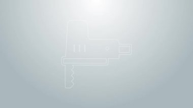 Gri zemin üzerinde çelik keskin bıçak ikonu olan mavi çizgili elektrikli yapboz. Ahşap işçiliği için elektrikli alet. 4K Video hareketli grafik canlandırması