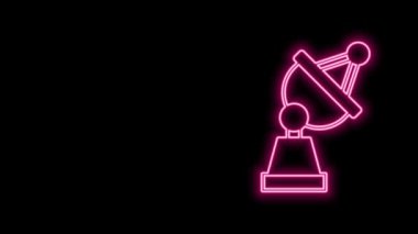 Parlayan neon hattı uydu çanağı simgesi siyah arkaplanda izole edildi. Radyo anten, astronomi ve uzay araştırması. 4K Video hareketli grafik canlandırması