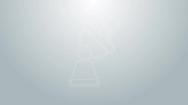 Mavi çizgi uydu çanak ikonu gri arkaplanda izole edildi. Radyo anten, astronomi ve uzay araştırması. 4K Video hareketli grafik canlandırması