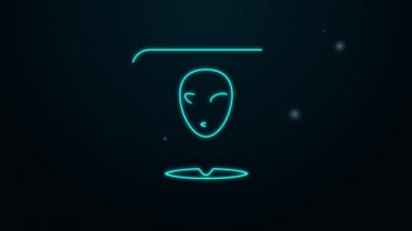 Parlayan neon hattı. Uzaylı simgesi siyah arkaplanda izole edildi. Uzaylı yüzü ya da kafa sembolü. 4K Video hareketli grafik canlandırması